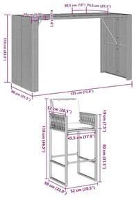 5 pcs conjunto de bar jardim c/ almofadões vime PE/acácia preto