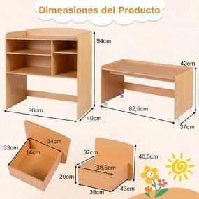 Conjunto Infantil 3 em 1, Armário, Secretária e 2 Cadeiras, 90 x 40 x 94 cm, Com Prateleiras Ajustáveis, Natural
