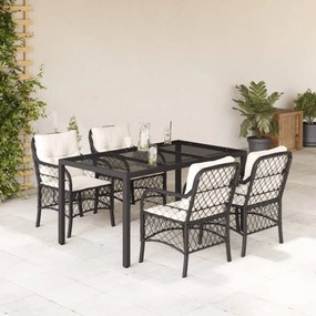 5 pcs conjunto de jantar p/ jardim c/ almofadões vime PE preto