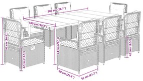 9 pcs conjunto de jantar p/ jardim com almofadões vime PE bege