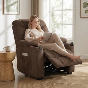 Poltrona Relax Reclinável Elétrico com Calor Lombar Massagem Vibratória Motor Silencioso Função Memória Bolsos e USB Castanho
