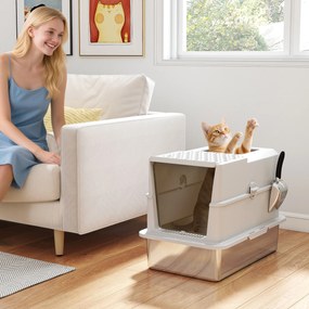 Caixa de areia fechada para gatos, casa de higiene para gatos em aço inoxidável, 60,2 x 40,2 x 43,7 cm, cinzento claro