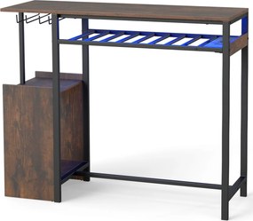 Mesa alta com estação de carregamento (BANCOS NÃO INCLUIDOS), suporte para garrafas e copos, prateleira de 2 níveis e iluminação ajustável Castanho rú