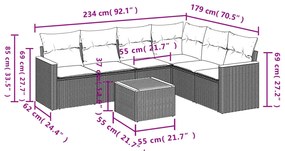 7 pcs conjunto de sofás p/ jardim c/ almofadões vime PE preto