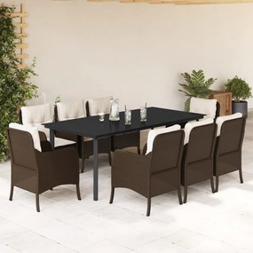 9 pcs conjunto jantar p/ jardim c/ almofadões vime PE castanho
