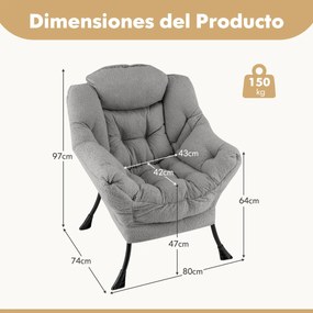 Poltrona grande estofada com almofada de cabeça acolchoada Apoios de braços e bolsa Poltrona Sofá para sala de estar Quarto Cinzenta