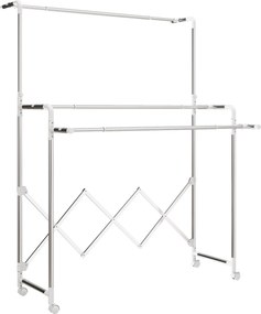 HOMCOM Estendal Vertical Dobrável de 3 Níveis Estendal de Aço Inoxidável com 3 Barras Ajustáveis e Extensíveis 4 Rodas 104-150x103x145-197 cm Prateado | Aosom Portugal
