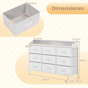 Cómoda para quarto com luzes LED 126 x 29 x 84 cm, base de carregamento, 9 gavetas em tecido e Estrutura metálica para televisores até 58", branca