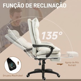 Cadeira de Secretária com Massagem, Altura Ajustável, Encosto Reclinável, Apoio para os Pés e Rotação 360°, Creme
