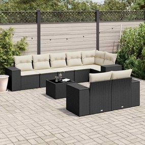 9 pcs conjunto de sofás p/ jardim c/ almofadões vime PE preto