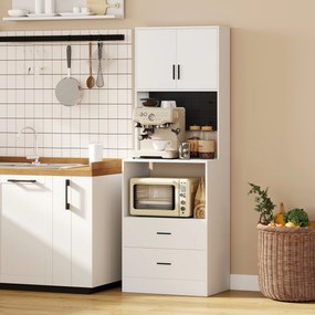 Móvel Auxiliar de Cozinha com Suporte para Micro-ondas 2 Gavetas 2 Portas e Painel Perfurado de Metal Branco