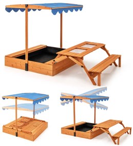 Caixa de areia de madeira para 3+ anos com mesa e banco dobráveis, guarda-sol ajustável e giratório, natural e azul