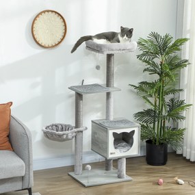 Arranhador para gatos com arranhadores, vários acessórios, casinha, rede, peluche, sisal natural curto, 48x40x126 cm, cinzento