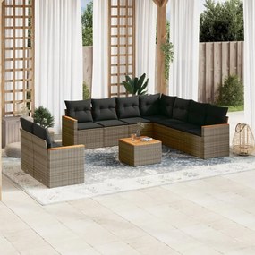 vidaXL 10 pcs conjunto sofás de jardim c/ almofadões vime PE cinzento