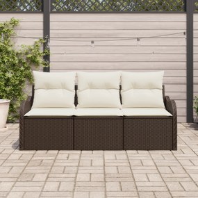 Conjunto de Sofá de Jardim de 3 Peças com Almofadas Marrom Poliratan