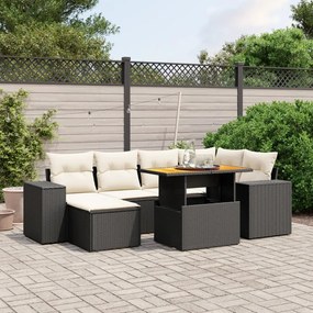7 pcs conjunto de sofás p/ jardim c/ almofadões vime PE preto