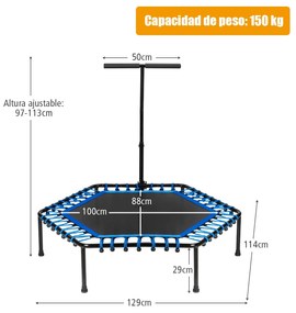 Trampolim de treino de fitness para ginásio com cabo ajustável 129 x 114 x 96-112 cm azul