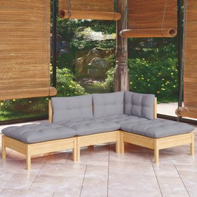 4 pcs conjunto lounge de jardim + almofadões cinza pinho maciço
