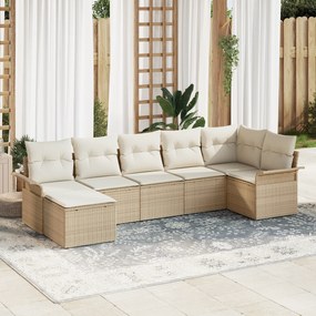 vidaXL Conjunto de Sofá de Jardim de 7 Peças com Almofadas Bege Rattan Polipropileno