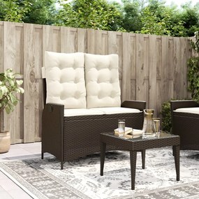 vidaXL Banco de jardim reclinável com almofadões vime PE castanho