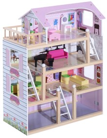 HOMCOM Casa de Bonecas com Móveis e 4 Andares Casa de Bonecas com 13 Acessórios Brinquedo de Imitação 60,5x30x80,5cm Rosa