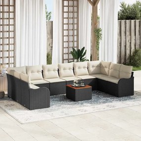 Conjunto de Sofá Modular de 11 peças para Jardim com Almofadas Preto Rattan Acácia
