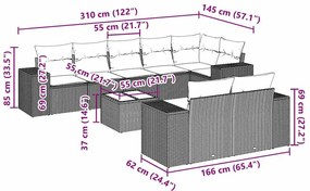 9 pcs conj. sofás jardim com almofadões vime PE cinzento-claro