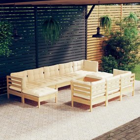 vidaXL 10 pcs conjunto lounge jardim c/ almofadões creme pinho maciço