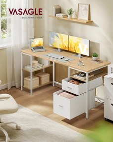 Secretaria para computador 160 x 60 x 76 cm com 3 prateleiras e 2 gavetas em cor de carvalho natural-branco nuvem