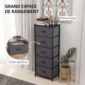 Cómoda com 5 gavetas 45 x 30 x 116 cm, móvel de arrumação com gavetas em tecido dobrável – estrutura em aço preto cinzento escuro