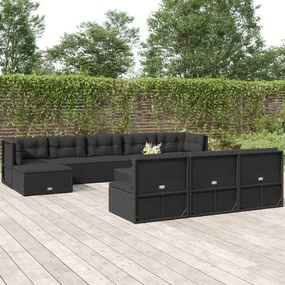 vidaXL 10 pcs conjunto lounge de jardim c/ almofadões vime PE preto