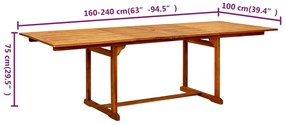 Mesa de jantar p/ jardim (160-240)x100x75 cm acácia maciça