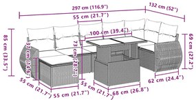 8 pcs conj. sofás jardim c/ almofadões vime PE cinzento-claro