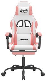 Cadeira gaming giratória c/ apoio pés couro artif. branco/rosa