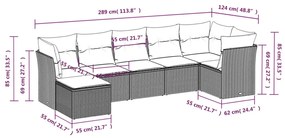 7 pcs conjunto sofás p/ jardim c/ almofadões vime PE cinzento