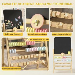 Cavalete Infantil em Madeira com Quadro de Dupla Face, Relógio, Ábaco e Apagador, a partir de 2 Anos, Natural