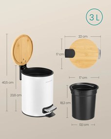 Caixote Lixo para casa de banho com tampa e pedal silencioso, 3 litros, branco