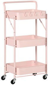 Carrinho Auxiliar com Rodas Dobrável Carrinho de Armazenamento de 3 Níveis com 4 Ganchos para Casa de Banho Cozinha Sala de Estar 43x31x89cm Rosa