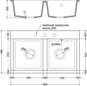 Mexen Hektor lava-loiça em granito de 2 cubas 800 x 480 mm, branco, sifão cromado - 6521802000-20