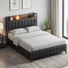 Estrutura de cama de 140 x 190 cm com base de ripas metálicas (COLCHÃO NÃO INCLUIDO), cama de casal estofada com 4 gavetas e prateleira, preta