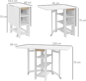 Mesa Dobrável com Asas Dobráveis Mesa de Cozinha com 2 Rodas e Prateleiras Estilo Moderno 120x60x75 cm Branco