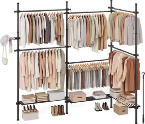 Guarda roupa 33,5 x (240-353) x (208-310) cm com Barras telescópicas com 6 barras e 3 prateleiras em preto