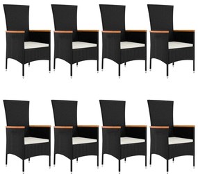 9 pcs conjunto de jantar p/ jardim c/ almofadões vime PE preto