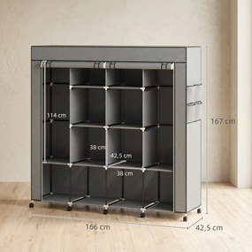 Guarda Roupa de Tecido Portátil com Rodas, 10 Compartimentos, Espaço para Pendurar Roupa e Estrutura em Aço, Cinzento Escuro
