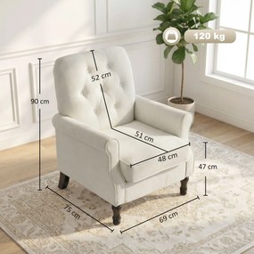 Sofá Individual Estofado em Linho Assento Acolchoado Espesso Encosto Capitonê Pés de Madeira Maciça Creme