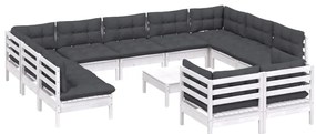 12 pcs conj. lounge de jardim c/ almofadões pinho maciço branco