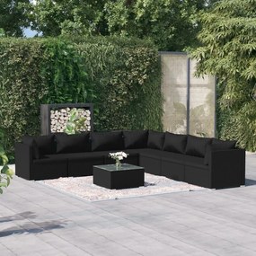 vidaXL 8 pcs conjunto lounge de jardim c/ almofadões vime PE preto