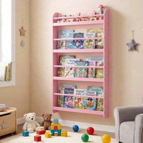 Estante infantil de parede com 4 níveis 56 x 12 x 107 cm, prateleiras abertas, barras de segurança e bordas elevadas para quarto infantil ou sala de a