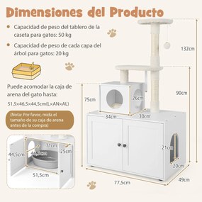 Casa para gatos com armarios para arrumação Caixa de areia e torre de arranhar Armário com esconderijo e divisória 77,5 x 49 x 132 cm Branco