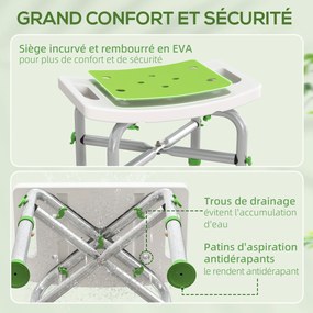 Banco de duche 42,5 L x 27 P x 44-51,5 A cm assento almofadado e ajustável, pés com ventosas antiderrapantes, em alumínio verde